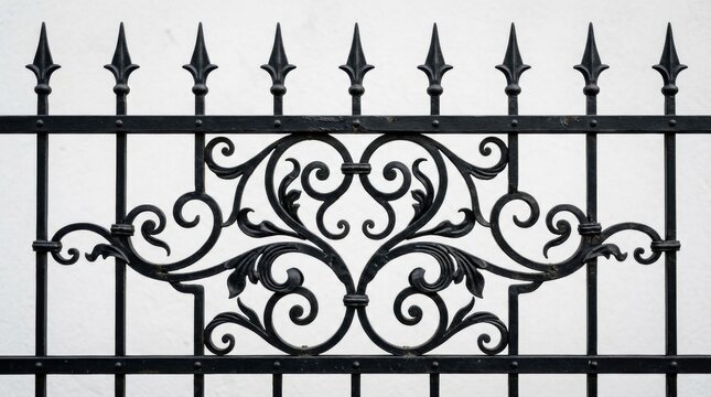 Close-up black wrought iron fence Decorative metal fencing made