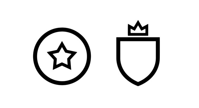 Star in circle and shield with crown outline icons, security