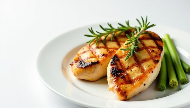 Juicy grilled chicken breast with sprigs of fresh rosemary against a plain white surface, dinner, meal, poultry