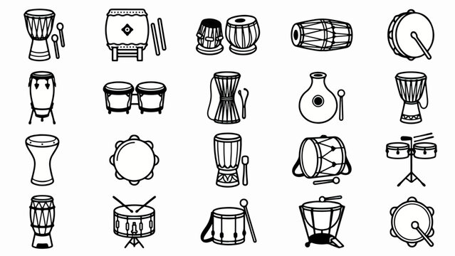 Traditional Drum Percussion Instrument Line Icon Set Outline Vector Illustration