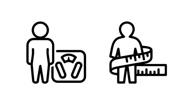 Icons of person with weight scale and measuring tape