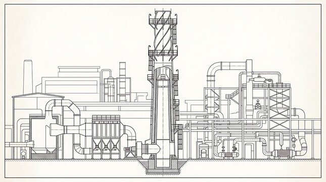 Technical Blueprint Drawing of an Industrial Chemical Plant