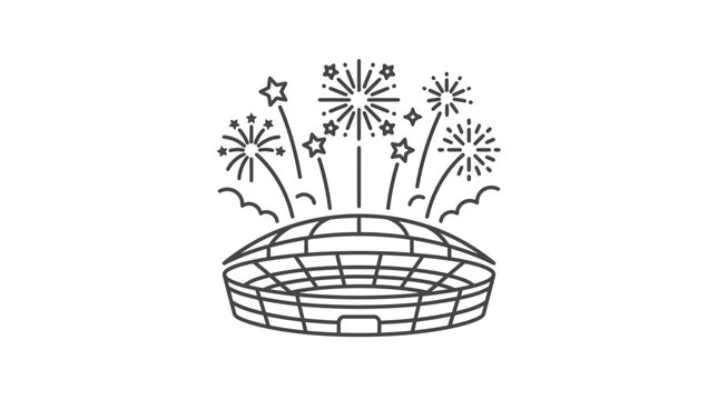 Grand stadium bowl with exploding fireworks line icon.