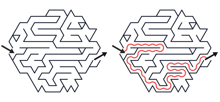 Children's maze shaped like a seashell with solution path  