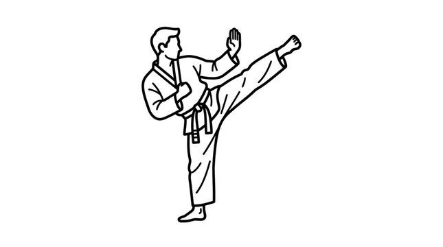 Karate master performing high side kick line art icon.
