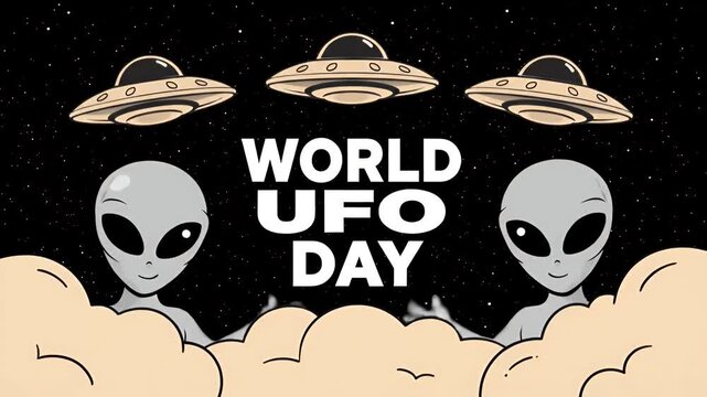 World ufo day animation with cartoon aliens and flying saucers in the deep dark starry space sky