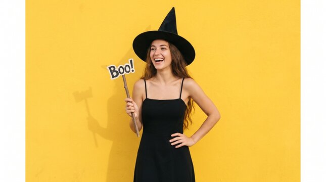 A woman wearing a witch hat holds a sign that says "Boo!" loudly.