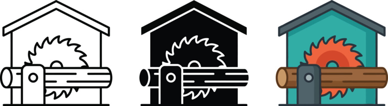 Sawmill icon set featuring line glyph and flat design styles ideal for industrial or construction-related web and app interfaces