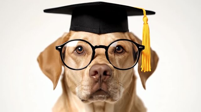 Labrador dog wearing a graduation cap and glasses as a smart student for academic success concept