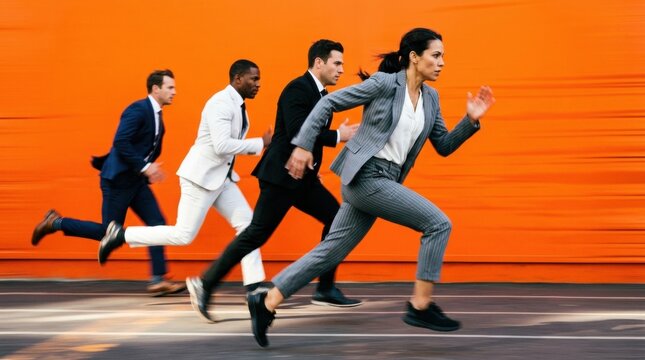 Group four business people running line professionals in suits forward with motion blur