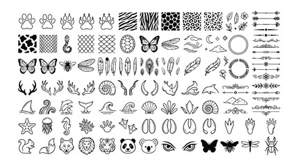 Wildlife and Nature Vector Icon Set, over 100 hand-drawn animal paw prints, patterns, feathers, and decorative elements, perfect for branding and design projects. © Haseeb's Work
