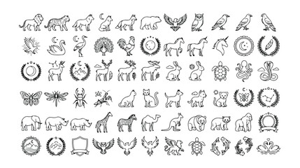 Obraz premium Monoline animal icon set, 70 minimalist wildlife vector illustrations, nature and creature symbols for branding and design, black and white line art collection