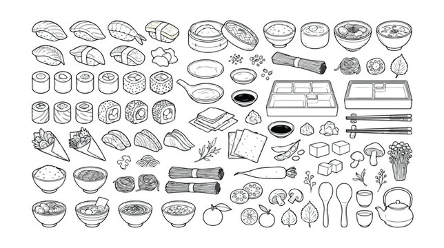 Japanese cuisine vector icon set, traditional Asian food collection, sushi and sashimi, ramen bowls, dim sum, chopsticks, and ingredients, black and white line art for menus and packaging.