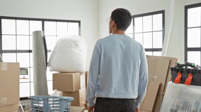 Man with hands on hips facing stacked moving boxes, a toolbox and a rolled rug in a sunlit building; contemplation moving day planning.