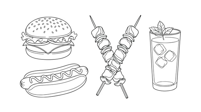 Delicious BBQ and fast food line art vector set, featuring a classic hamburger, hot dog, two shish kebabs, and a refreshing iced drink, perfect for restaurant menus and summer picnic designs.