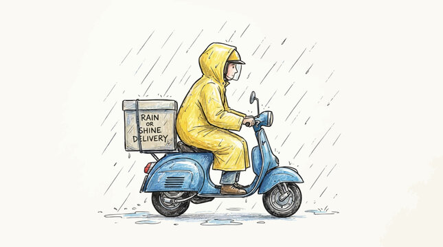 A person wearing yellow rain gear rides a blue scooter through rain delivering packages with People  People Nature and Travel