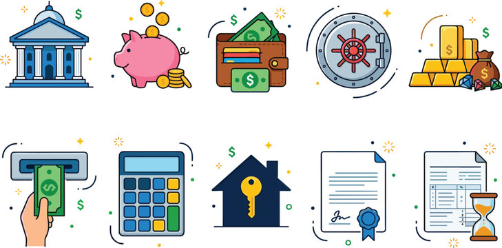 Banking and personal finance vector line icon set featuring bank building piggy bank wallet vault gold bars atm calculator mortgage contract and financial invoice document.