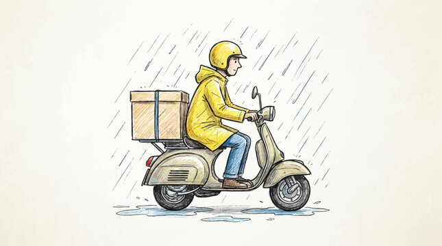 Delivery rider on scooter riding through rain with package