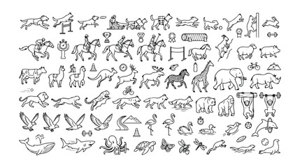 Hand-drawn animal vector icons, a comprehensive collection of diverse wildlife and domestic animals, black and white line art illustrations for nature-themed designs. © Haseeb's Work
