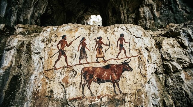 Photograph cave painting rock group four Ancient depicts hunters pursuing a large wild bull