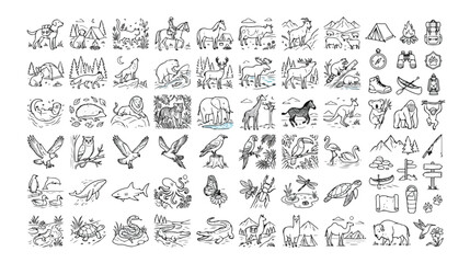 Naklejka premium Wildlife and Nature Hand-Drawn Icon Set, 80 Black and White Vector Illustrations, Outdoor Adventure and Animal Kingdom Graphics, Camping and Safari Themed Line Art Collection