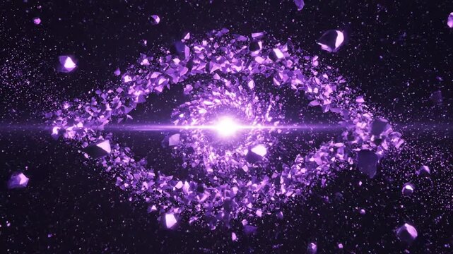 Abstract purple crystal eye shape with central glowing light.