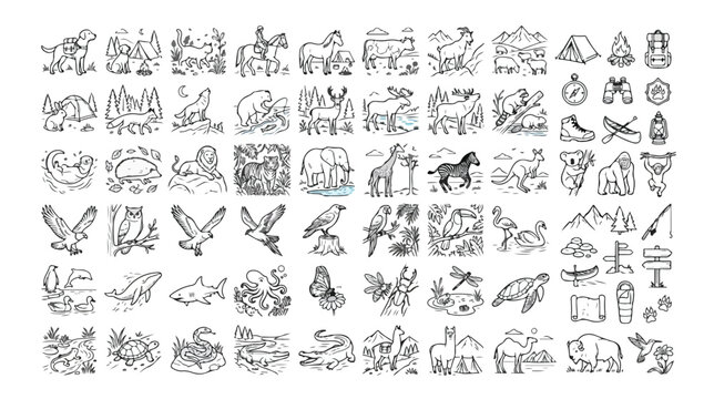 Wildlife and Nature Hand-Drawn Icon Set, 80 Black and White Vector Illustrations, Outdoor Adventure and Animal Kingdom Graphics, Camping and Safari Themed Line Art Collection