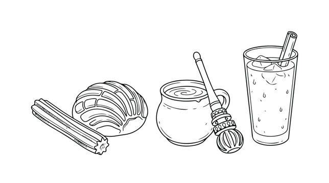 Traditional Mexican food and drink vector set, pan dulce concha, churro, hot chocolate with molinillo, horchata, hand-drawn black and white line art for menus and cultural designs.