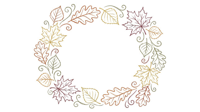 A festive autumn illustration of leaves in a circle on white background with a seasonal plants