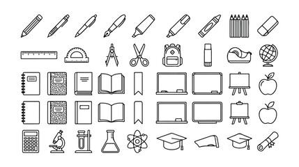 Minimalist school supplies vector icon set, 40 outline education and learning symbols, essential stationery and science tools collection for academic design projects © FlanaDhimkana