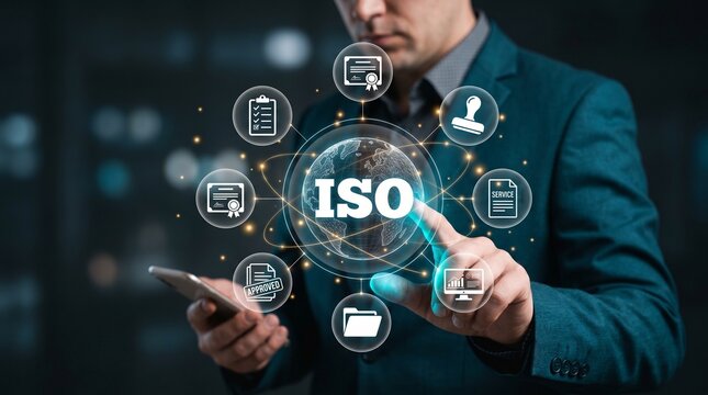 Businessman touching a digital globe with iso certification icons, representing international standards, quality management systems, and business compliance