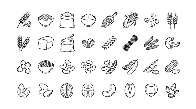Grain, Cereal, and Nut Vector Icon Set. Healthy Food and Ingredient Outline Collection. Wheat, Corn, Pasta, and Legume Illustrations for Nutrition and Diet Design.
