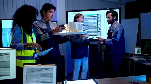 Engineers analyzing architectural building model and digital construction plans in futuristic design studio with advanced technology displays
