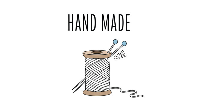 Hand drawn logo design featuring a rustic wooden thread spool with knitting needles and the handwritten text hand made above it.