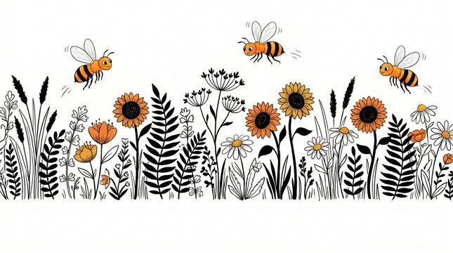 A horizontal seamless pattern featuring hand-drawn wildflowers, ferns, and cute cartoon bees flying above the floral meadow, isolated on white background.