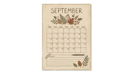 September calendar with autumn leaves and floral elements, featuring a notes section and a minimalist design © Avra