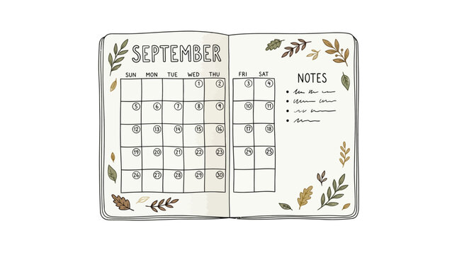 Charming hand-drawn September monthly planner spread, elegantly designed with vibrant autumn foliage, ideal for personal organization and tracking important notes