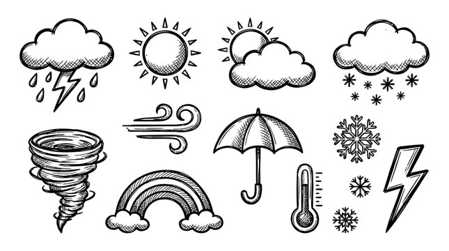 Weather icons including rain clouds, sun, and snowflakes with umbrella and tornado