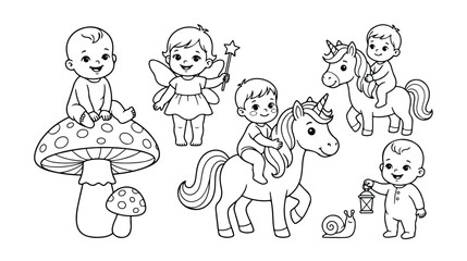 Charming baby fantasy characters, adorable infant fairy and unicorn riders, cute mushroom and snail companions, black and white line art vector set for children's coloring books and nursery © Haseeb's Work