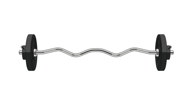 Professional weightlifting EZ curl barbell with black weight plates and silver collars isolated on a white background.