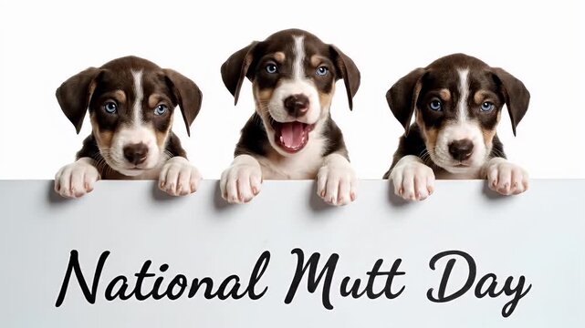 National mutt day concept with three cute mixed breed puppies peeking over a white blank sign board