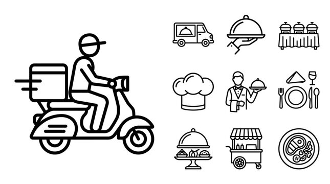 Food Delivery Icons: Scooter Rider, Truck, Chef, Table, Catering, Cart