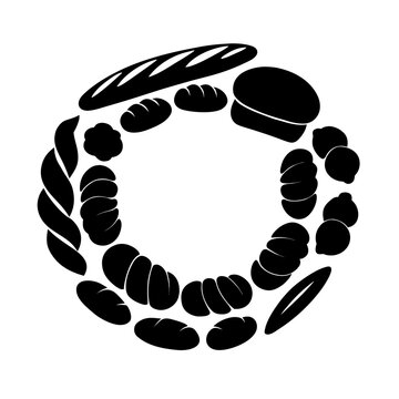 Black silhouette of various bread types arranged in a circle