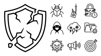 Cybersecurity Threat Icons: Broken Shield, Hacker, Virus, Phishing © khami
