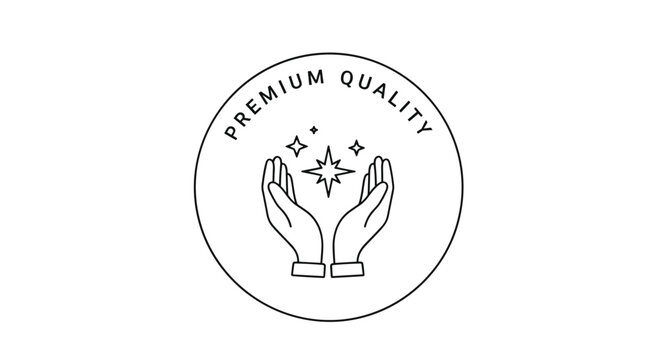 Premium Quality circular line art stamp featuring two hands gently cupping a shining star on a white background.