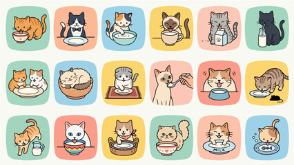 Obraz premium Cat Drinking Milk Mealtime Sticker Set Vector Illustration Pet Avatar Collection