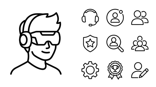 Virtual Reality Guy with Icons: VR, Gaming, User, Team, Tech