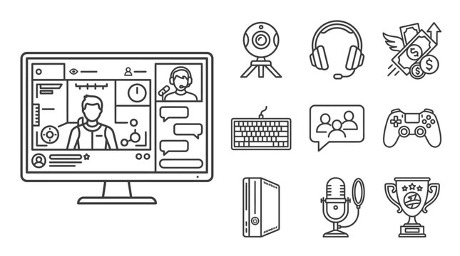 Gamer Streaming Setup Icons: Computer, Webcam, Microphone, Headset, Console