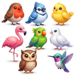 Fototapeta premium Diverse set of colorful cartoon bird characters, perfect for childrens books, educational materials, naturerelated designs, and cute graphics.