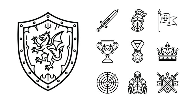 Medieval Knight Icons: Shield, Sword, Helmet, Crown, Trophy